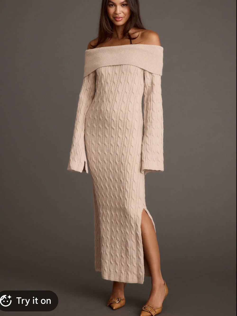 12th Tribe Beige Off-Shoulder Cable Knit Midi Dress